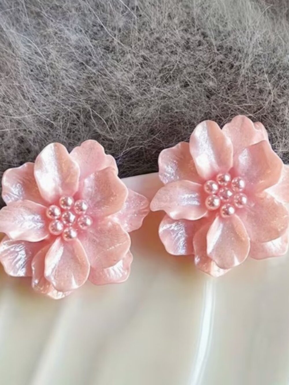Pink Pearlescent Flower Statement Earrings (NEW & VERY PRETTY!)